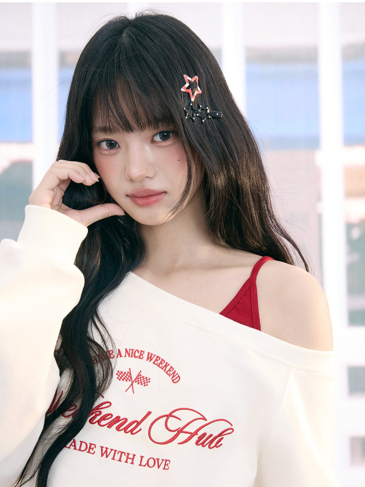 "Cloud Transit" White Layered Off-Shoulder Sweatshirt