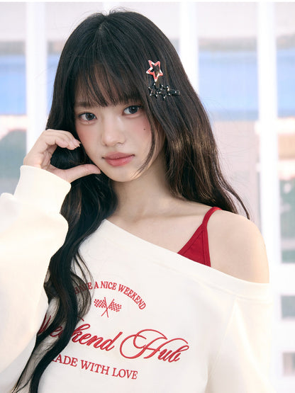 "Cloud Transit" White Layered Off-Shoulder Sweatshirt