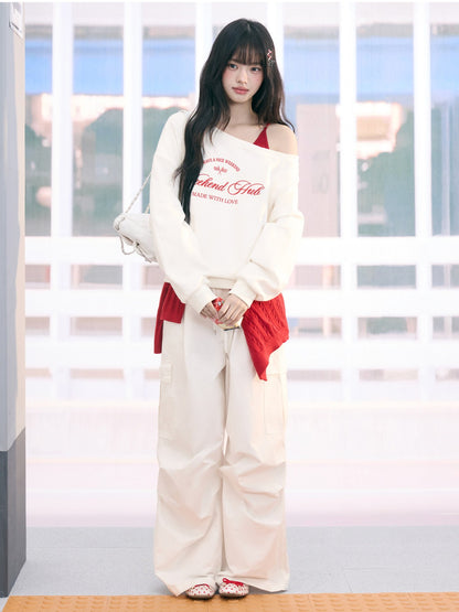"Cloud Transit" White Layered Off-Shoulder Sweatshirt