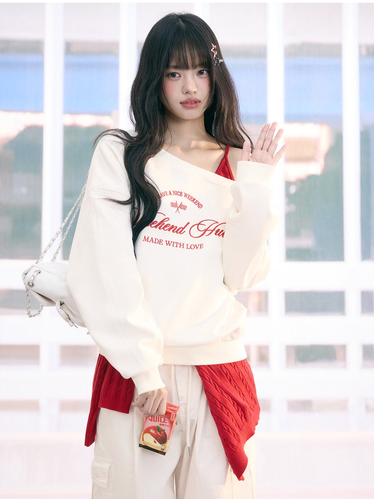 "Cloud Transit" White Layered Off-Shoulder Sweatshirt