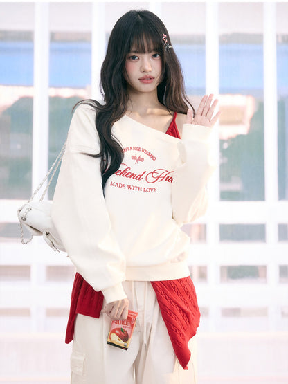"Cloud Transit" White Layered Off-Shoulder Sweatshirt