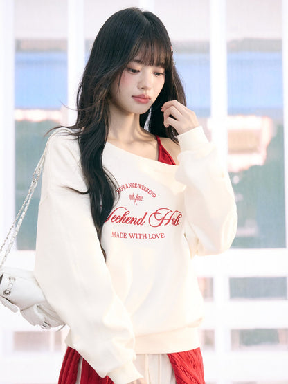"Cloud Transit" White Layered Off-Shoulder Sweatshirt