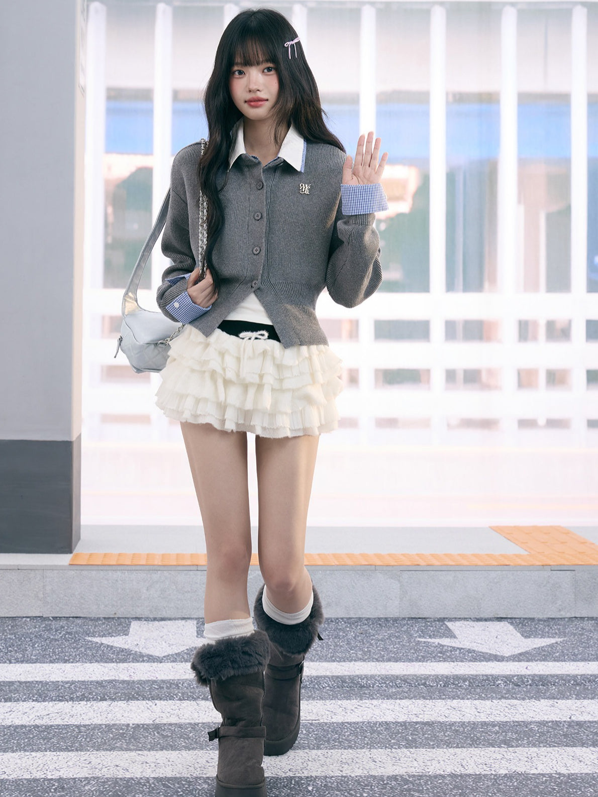 "Campus Arrival" Gray Layered Knit Sweater