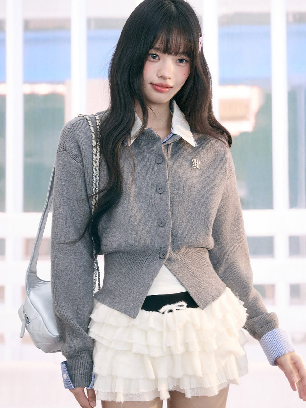 "Campus Arrival" Gray Layered Knit Sweater
