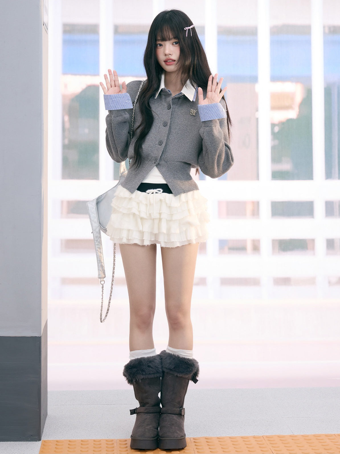 "Campus Arrival" Gray Layered Knit Sweater