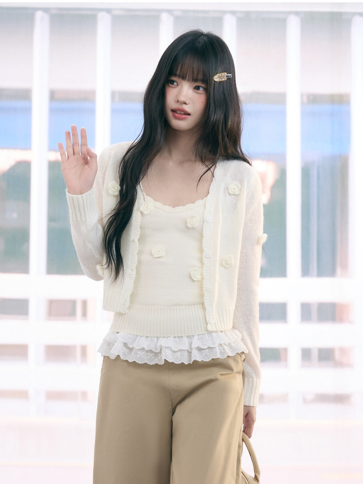 "Seoul Rose" Knit Cardigan & Camisole Set (Apricot)