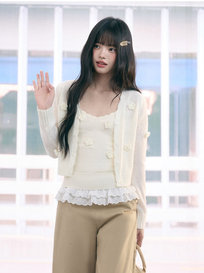 "Seoul Rose" Knit Cardigan & Camisole Set (Apricot)