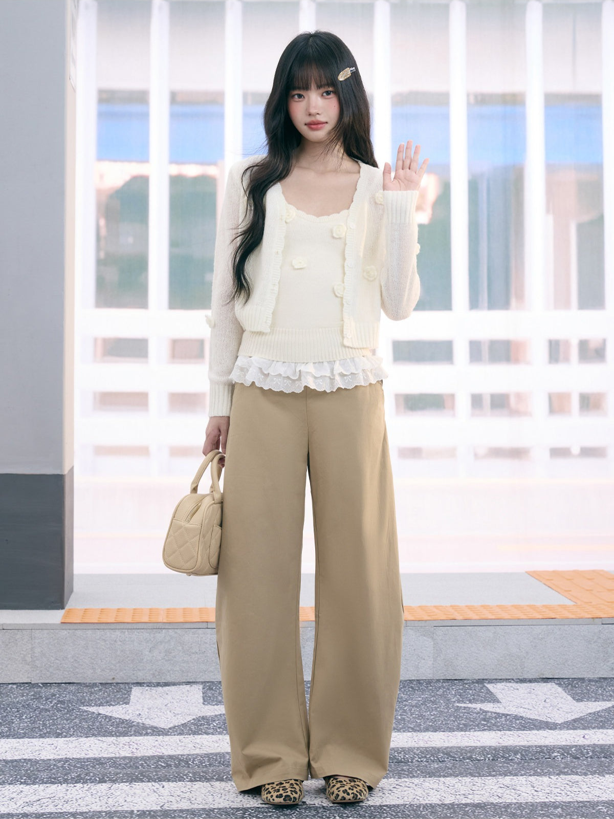 "Seoul Rose" Knit Cardigan & Camisole Set (Apricot)