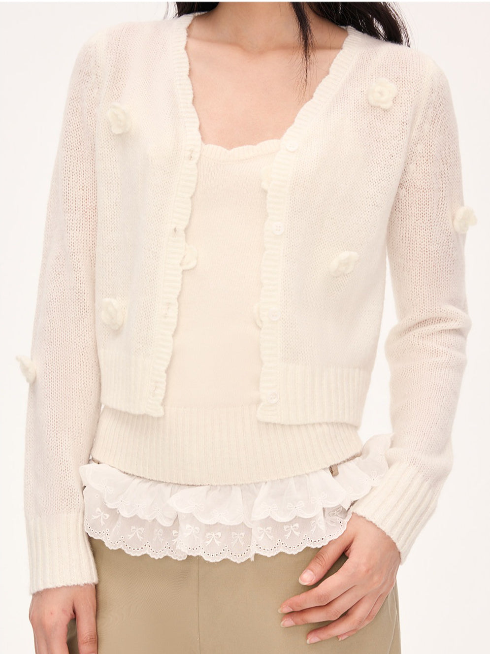 "Seoul Rose" Knit Cardigan & Camisole Set (Apricot)