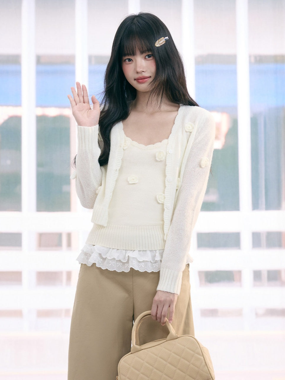 "Seoul Rose" Knit Cardigan & Camisole Set (Apricot)