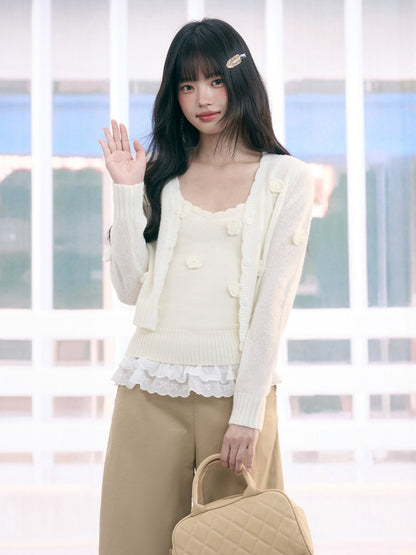 "Seoul Rose" Knit Cardigan & Camisole Set (Apricot)