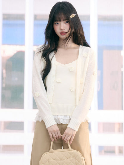 "Seoul Rose" Knit Cardigan & Camisole Set (Apricot)
