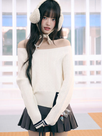 "Soft Muse" White Off-Shoulder Cable Knit Top