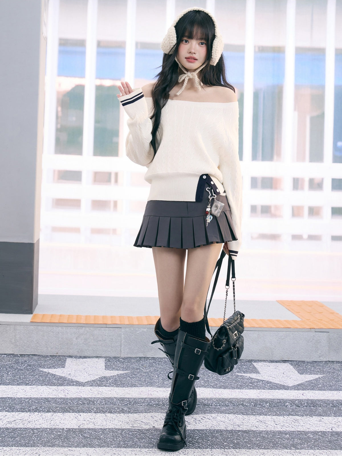 "Soft Muse" White Off-Shoulder Cable Knit Top