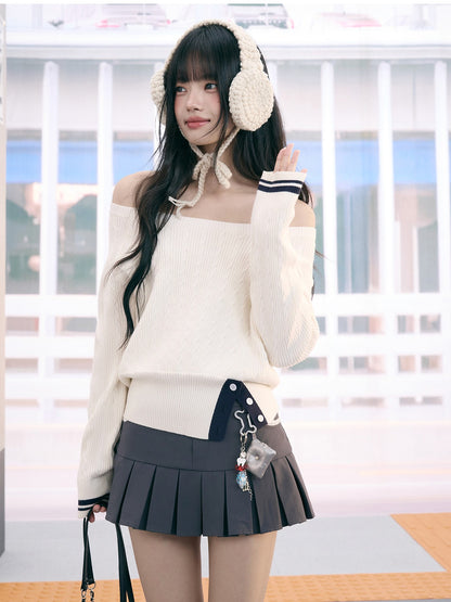 "Soft Muse" White Off-Shoulder Cable Knit Top
