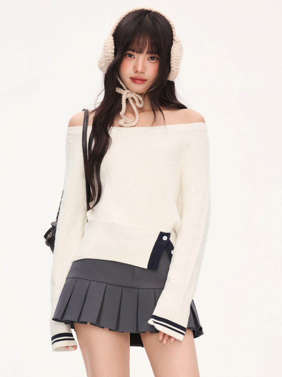 "Soft Muse" White Off-Shoulder Cable Knit Top