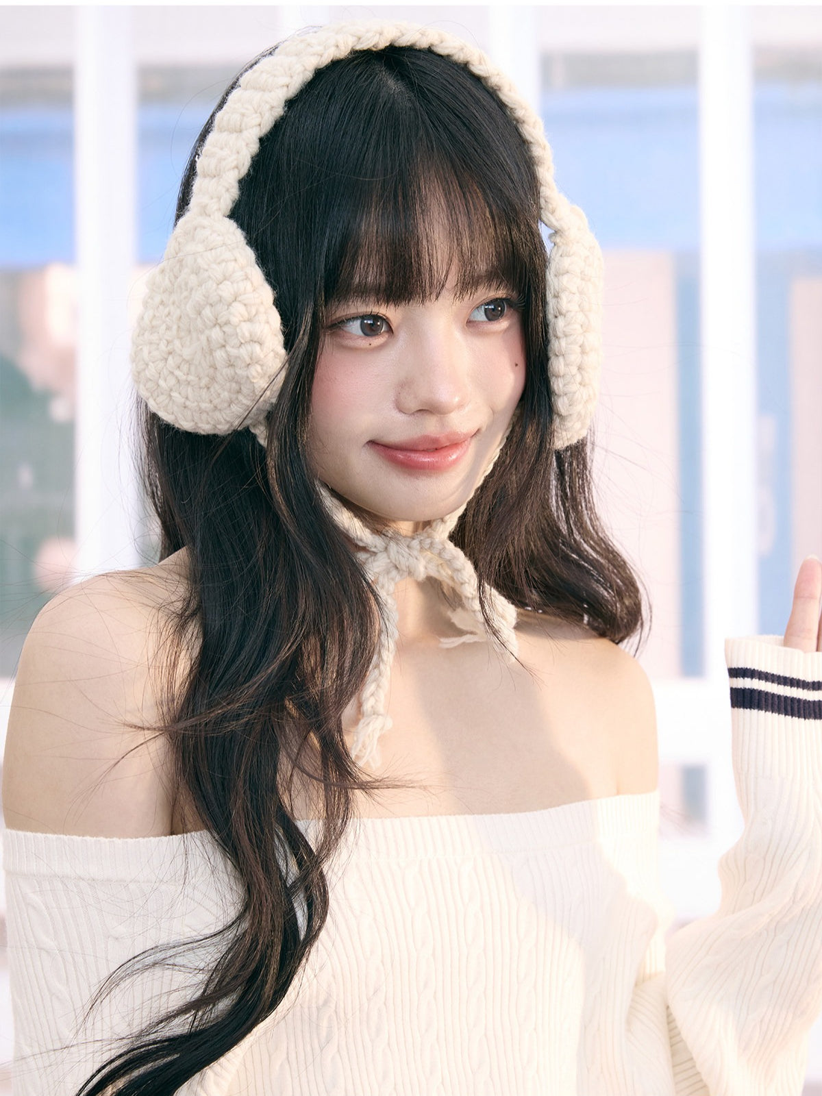"Soft Muse" White Off-Shoulder Cable Knit Top