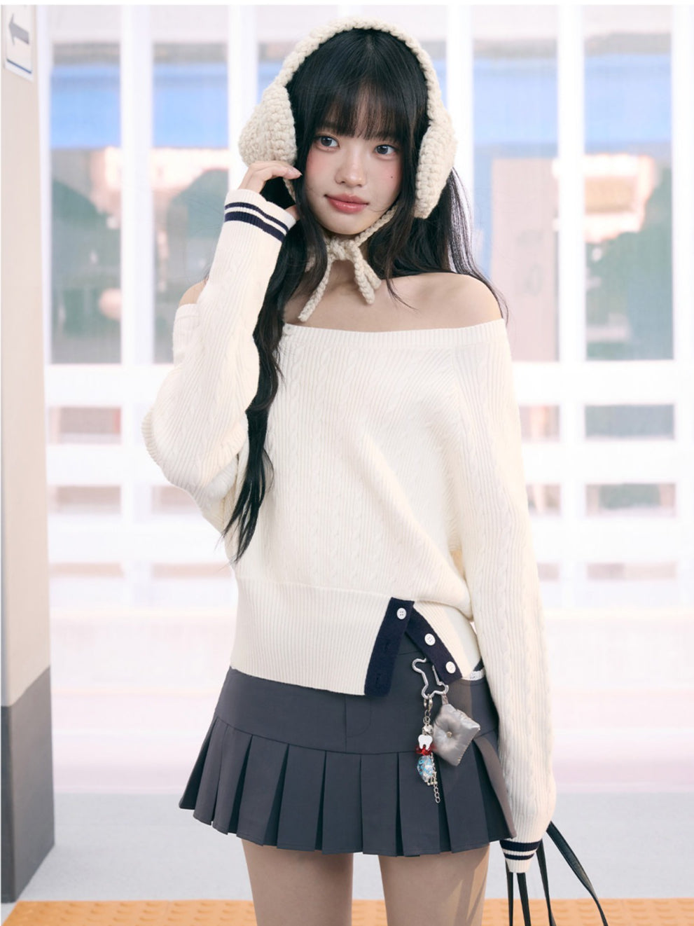 "Soft Muse" White Off-Shoulder Cable Knit Top