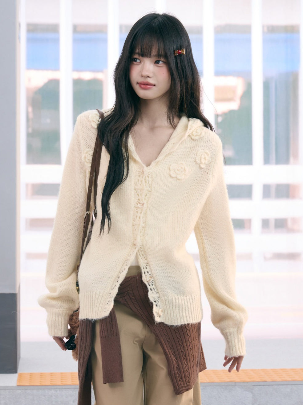 "Bloom Transit" Apricot Floral Hooded Knit Cardigan