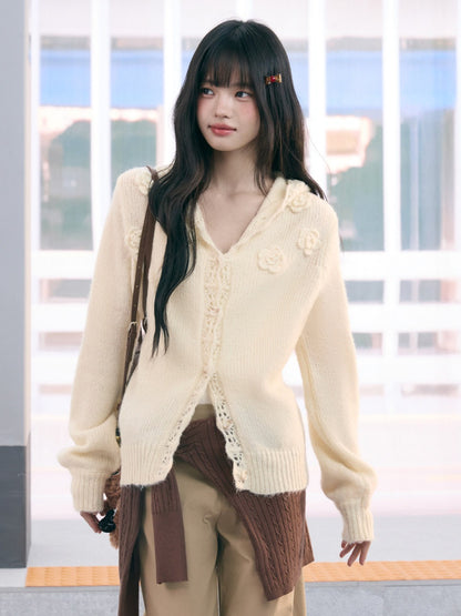 "Bloom Transit" Apricot Floral Hooded Knit Cardigan