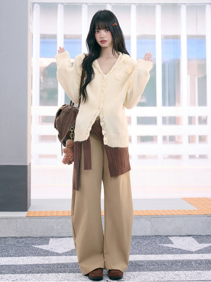 "Bloom Transit" Apricot Floral Hooded Knit Cardigan