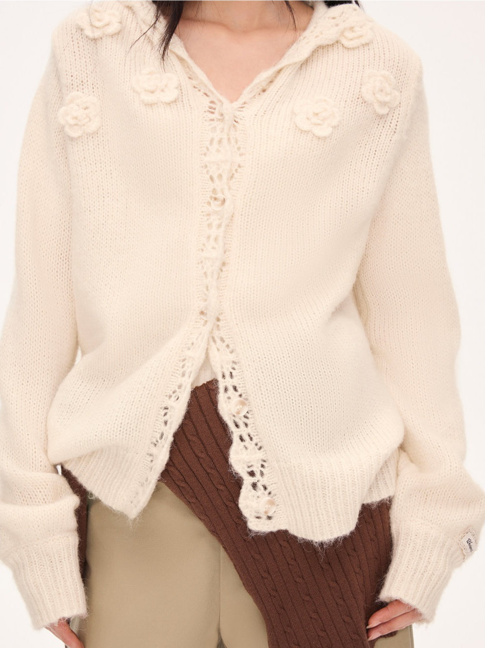 "Bloom Transit" Apricot Floral Hooded Knit Cardigan