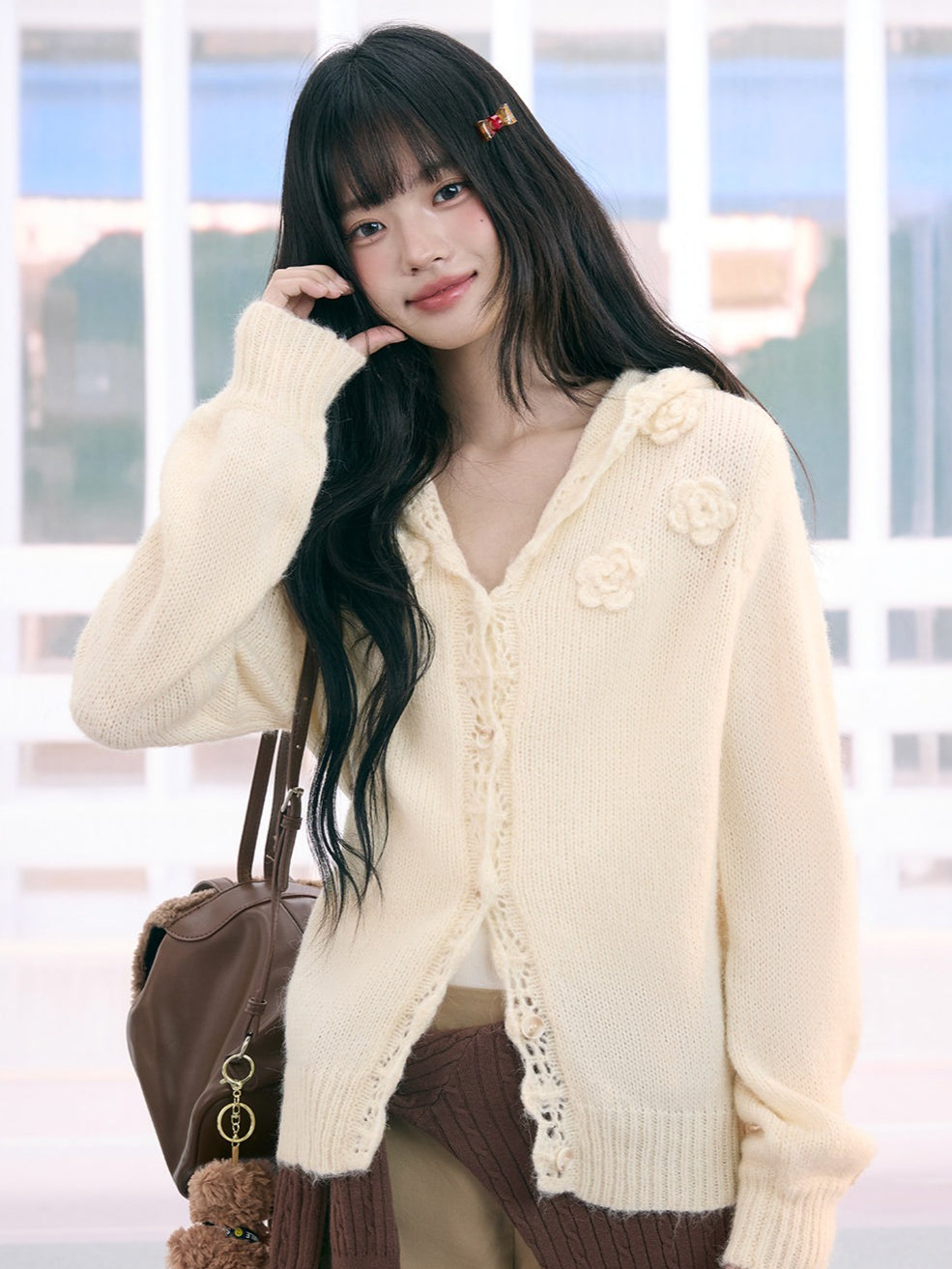 "Bloom Transit" Apricot Floral Hooded Knit Cardigan