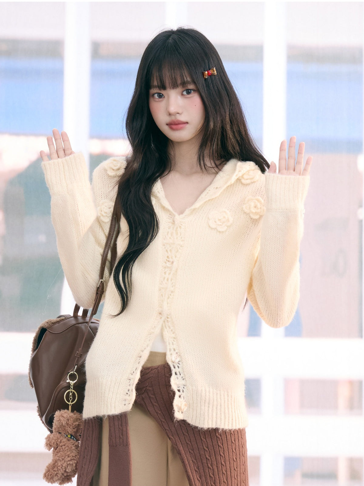 "Bloom Transit" Apricot Floral Hooded Knit Cardigan