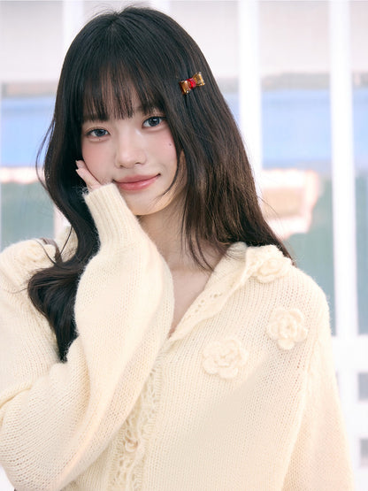 "Bloom Transit" Apricot Floral Hooded Knit Cardigan