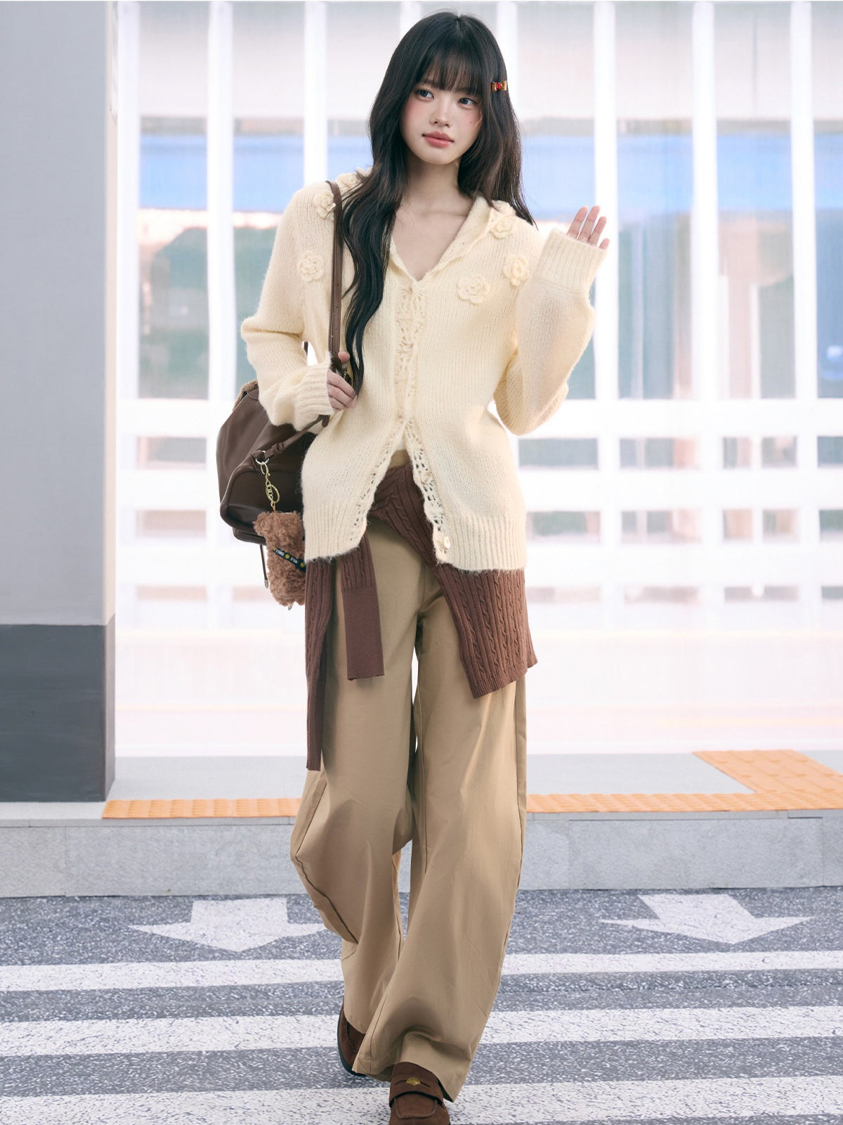 "Bloom Transit" Apricot Floral Hooded Knit Cardigan