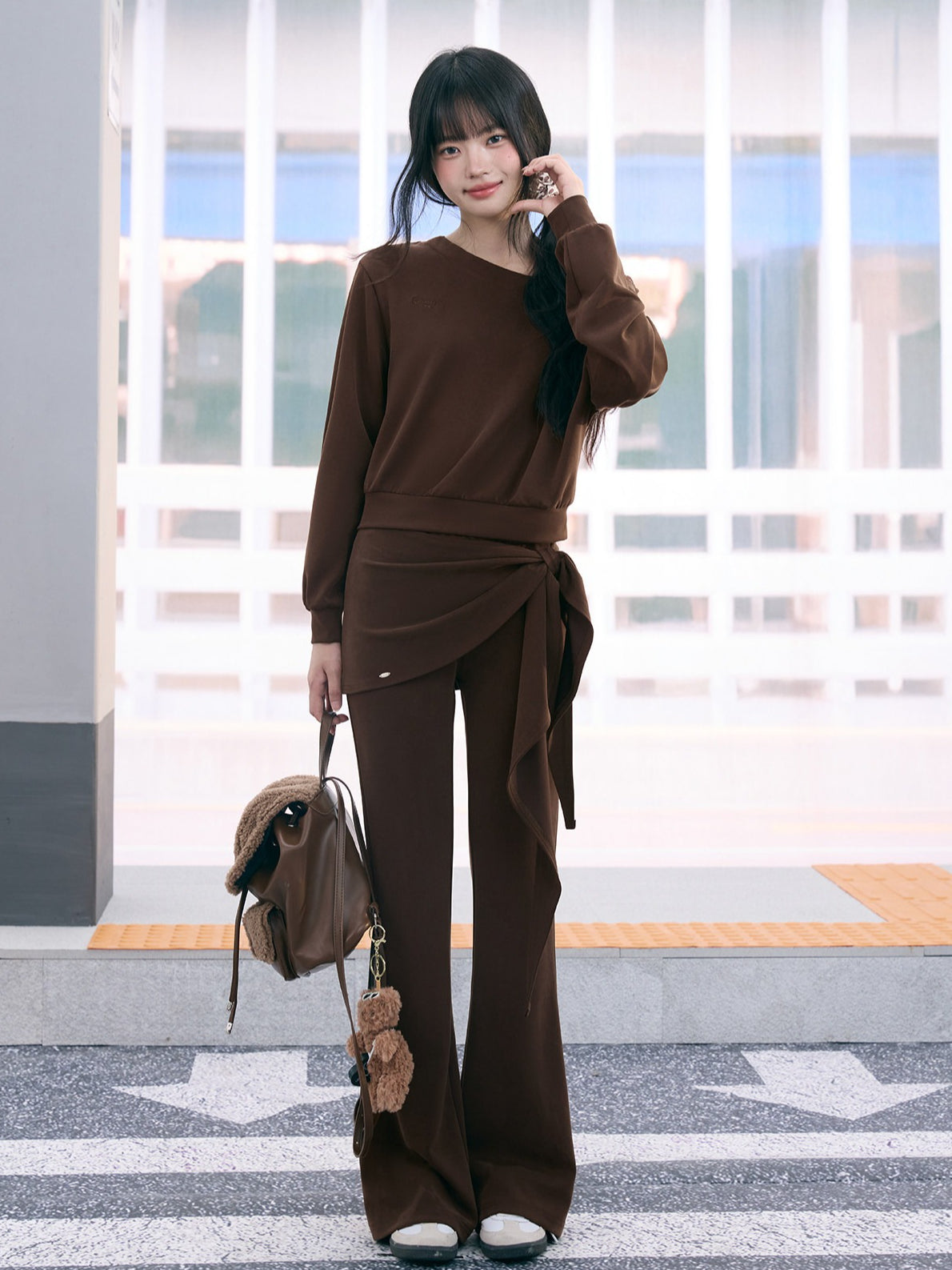 "Mocha Muse" Brown Lace Panel One-Shoulder Sweatshirt