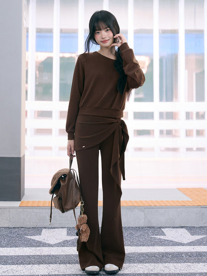 "Mocha Muse" Brown Lace Panel One-Shoulder Sweatshirt