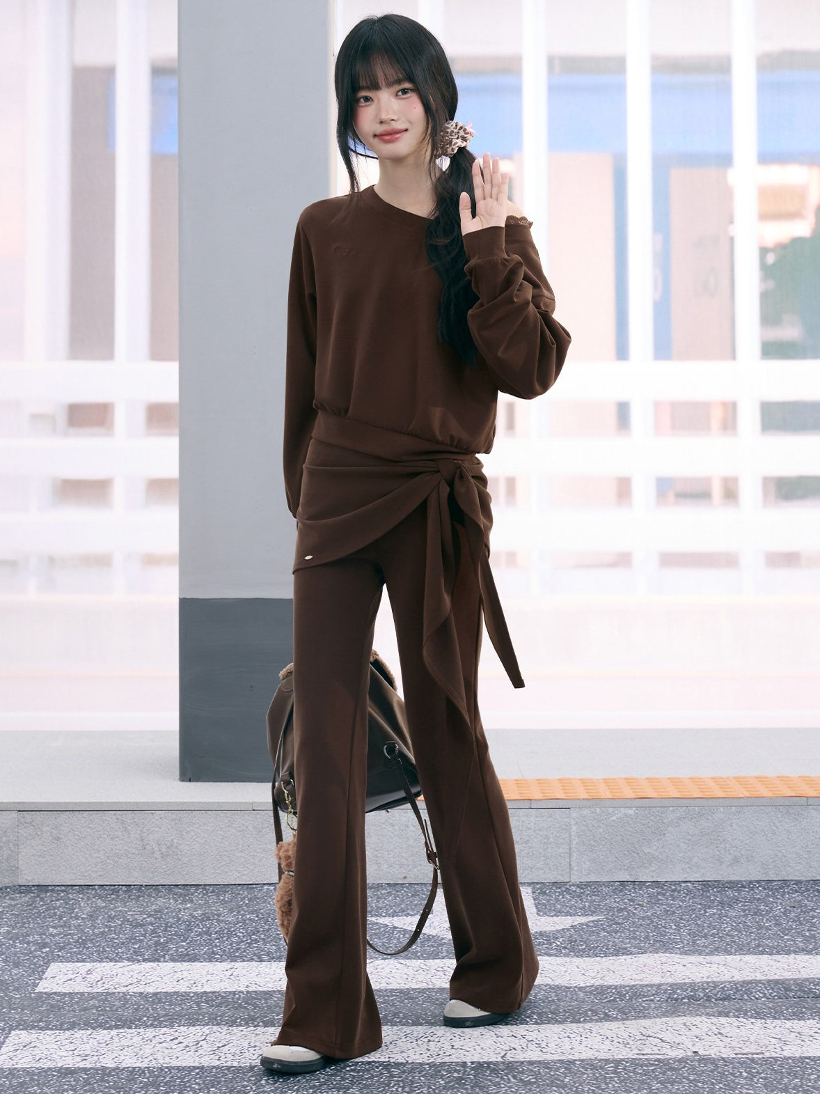 "Mocha Muse" Brown Lace Panel One-Shoulder Sweatshirt