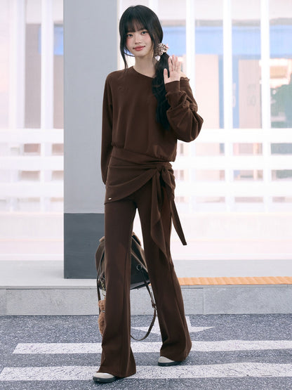 "Mocha Muse" Brown Lace Panel One-Shoulder Sweatshirt