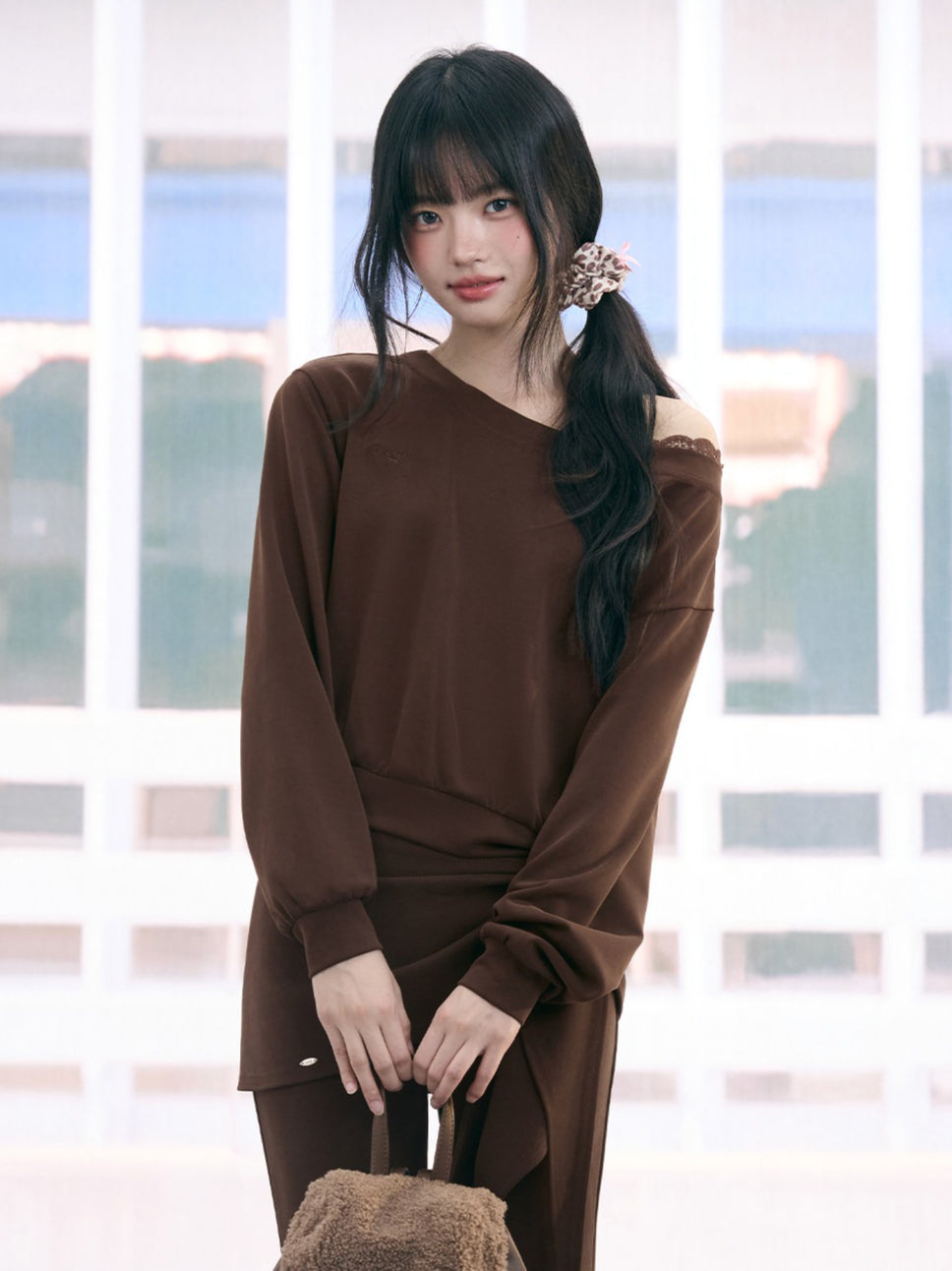 "Mocha Muse" Brown Lace Panel One-Shoulder Sweatshirt