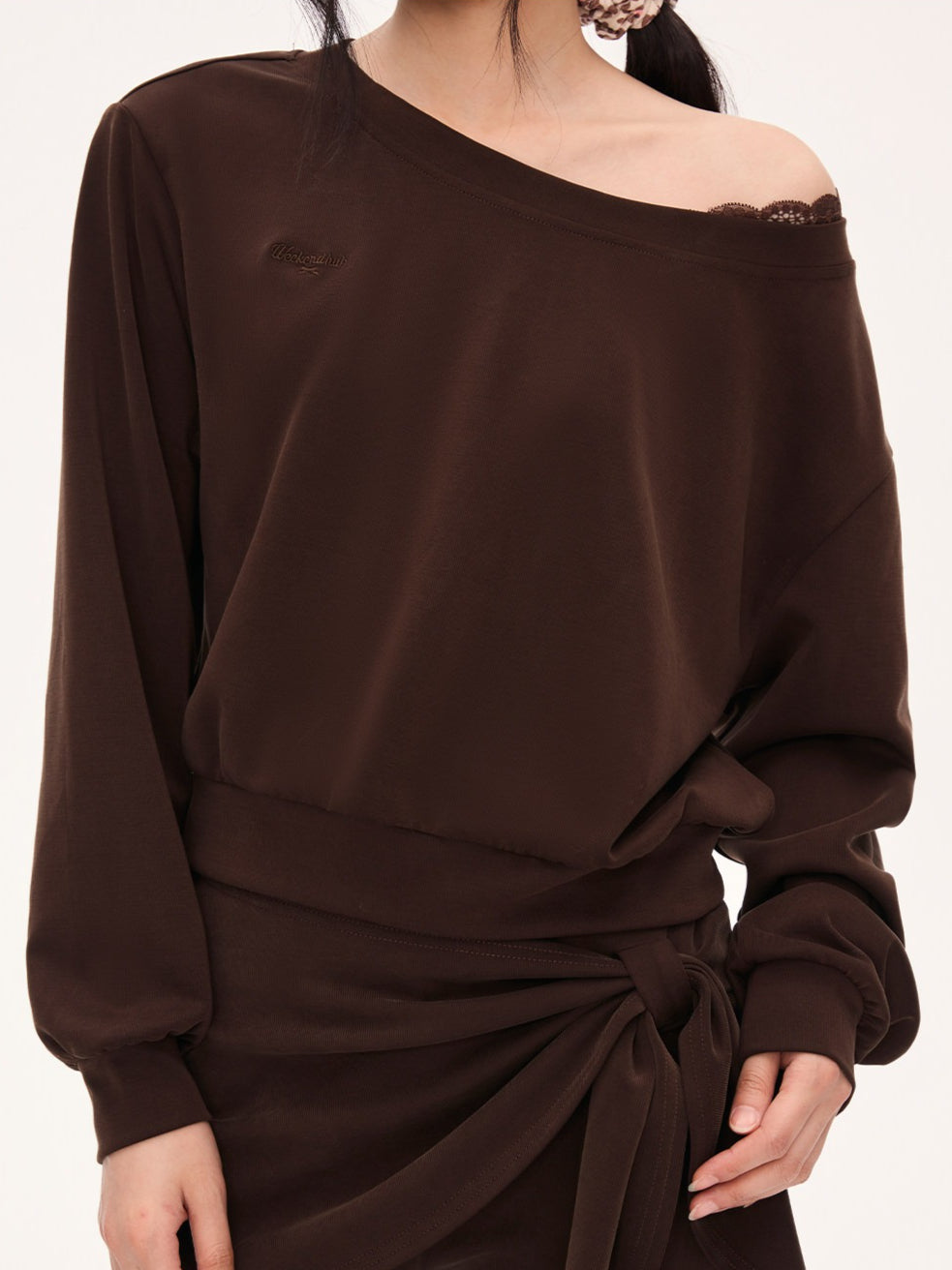 "Mocha Muse" Brown Lace Panel One-Shoulder Sweatshirt
