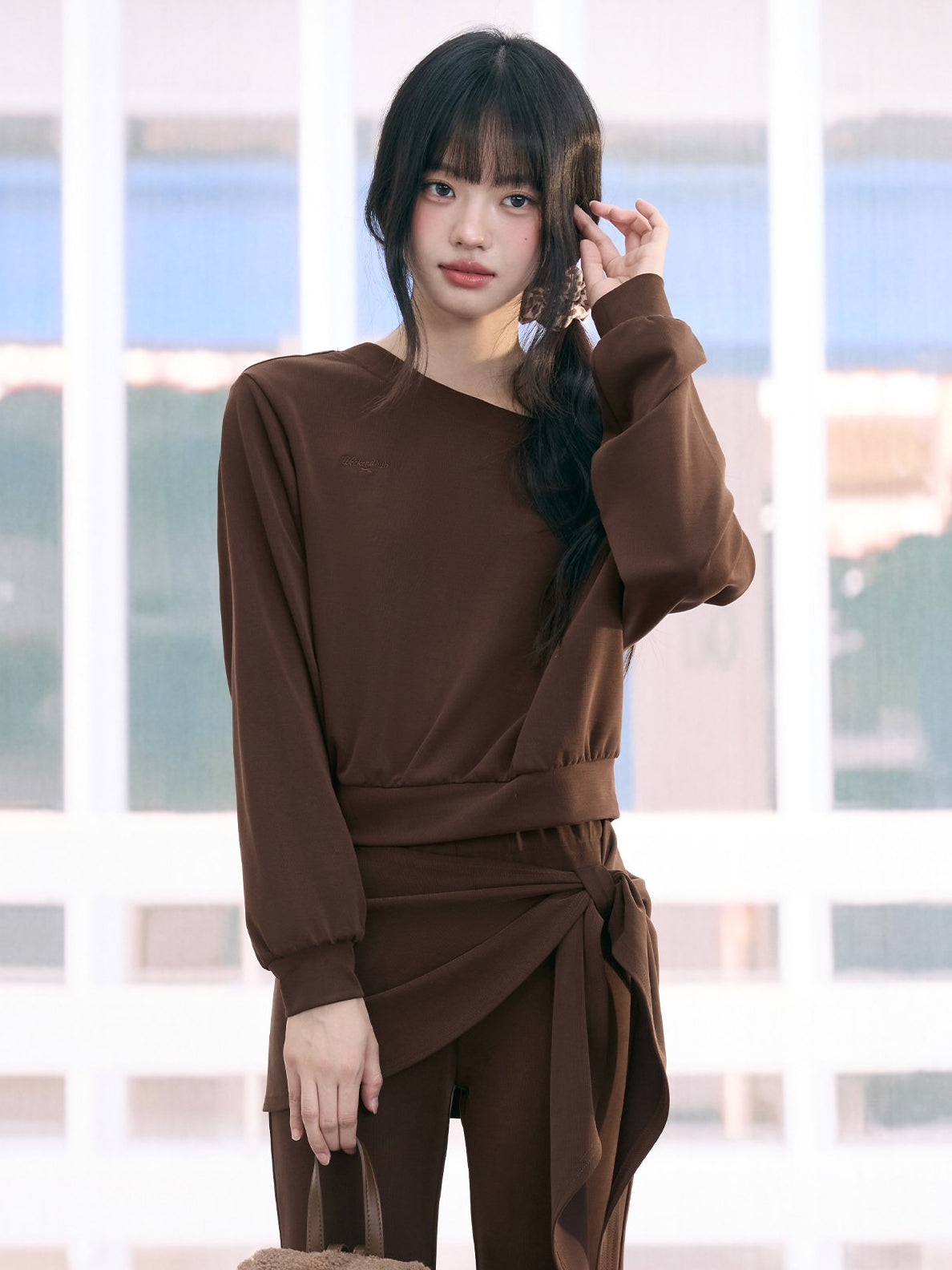 "Mocha Muse" Brown Lace Panel One-Shoulder Sweatshirt