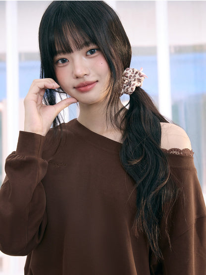 "Mocha Muse" Brown Lace Panel One-Shoulder Sweatshirt