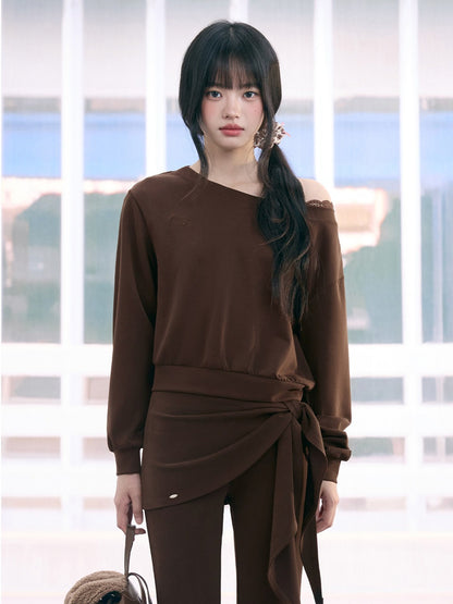 "Mocha Muse" Brown Lace Panel One-Shoulder Sweatshirt