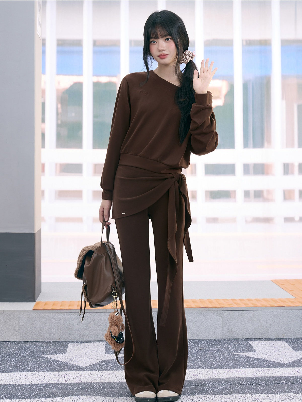 "City Departure" Brown Layered Tie-Waist Flared Pants