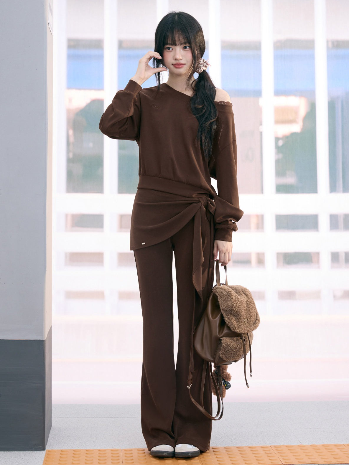 "City Departure" Brown Layered Tie-Waist Flared Pants