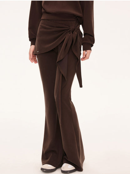 "City Departure" Brown Layered Tie-Waist Flared Pants