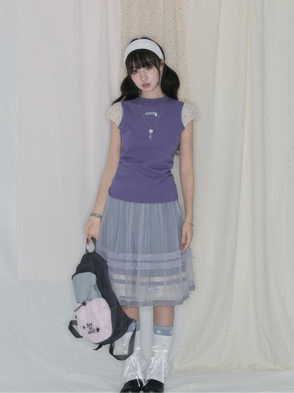 "Lavender Layers" Korean Layered Collection (Puff Sleeve Top / Pleated Midi Skirt / Mesh Overlay Skirt)