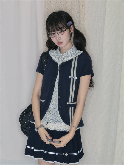 "Midnight Blossom" Vintage Floral Collection (Sleeveless Blouse / Hooded Cardigan / Box Pleated Skirt)
