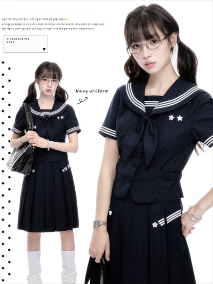 "Evening Star" Navy Sailor Uniform Collection (Sailor Blouse with Scarf / Pleated Midi Skirt)