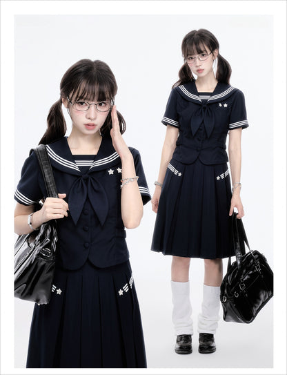 "Evening Star" Navy Sailor Uniform Collection (Sailor Blouse with Scarf / Pleated Midi Skirt)