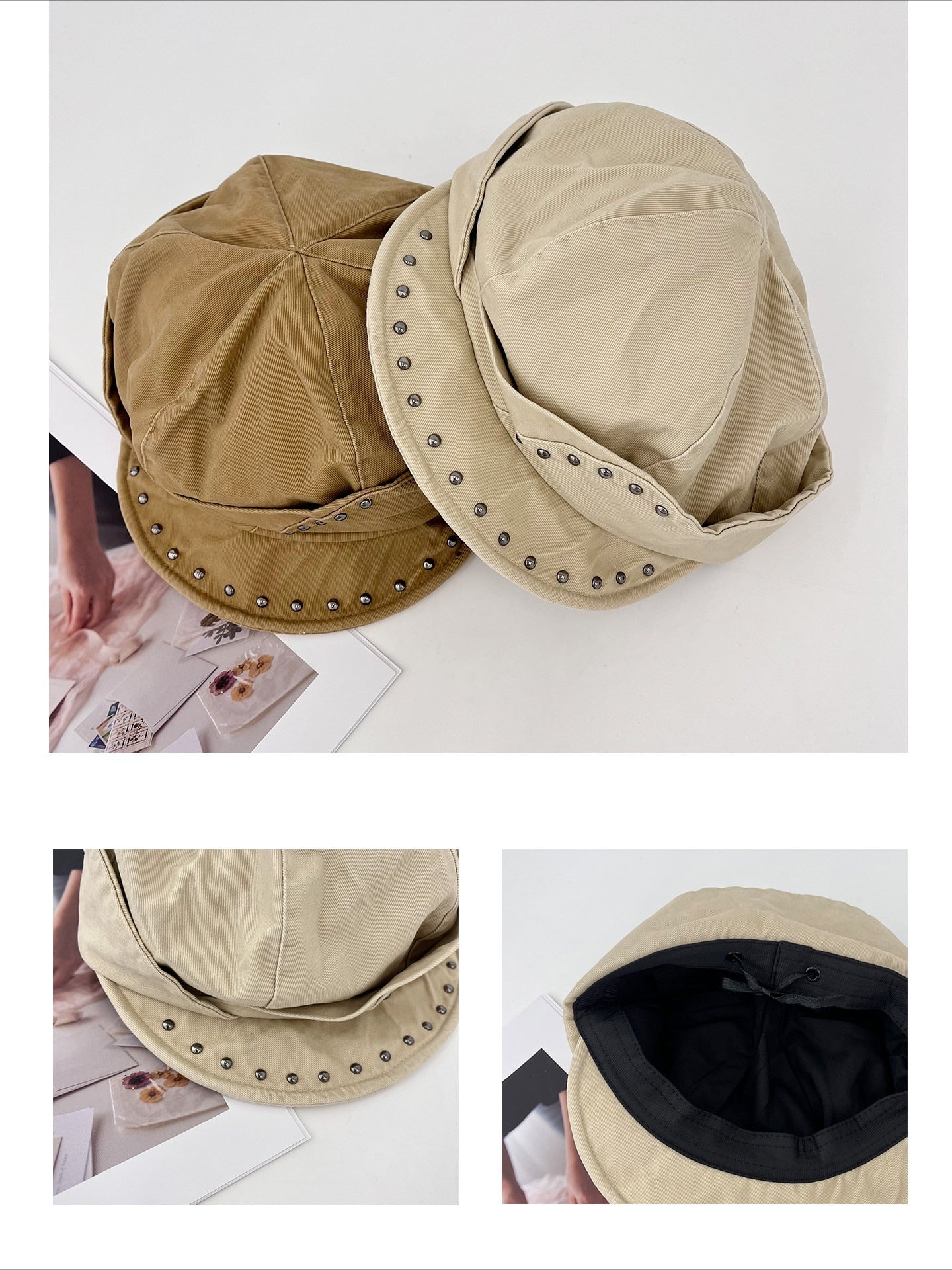 "Off-Duty Icon" Studded Octagonal Newsboy Cap (Black, Gray, Khaki, Beige)