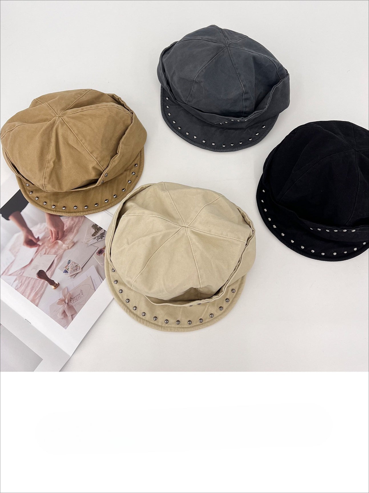 "Off-Duty Icon" Studded Octagonal Newsboy Cap (Black, Gray, Khaki, Beige)