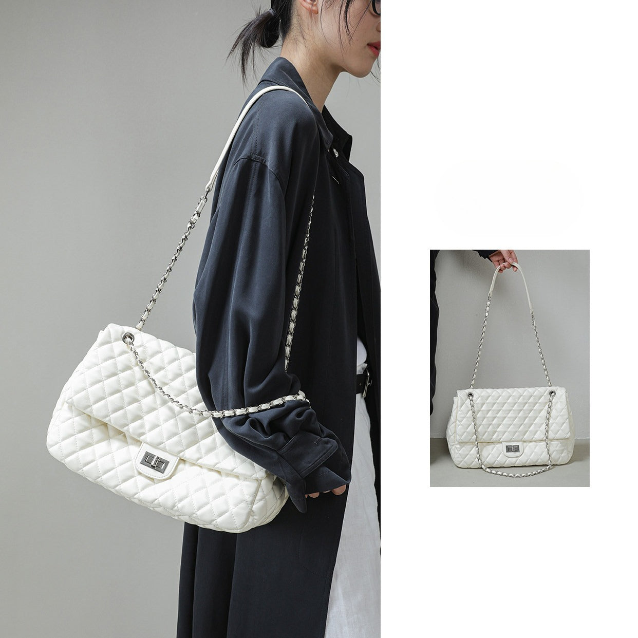 "First Class Arrival" Black Quilted Chain Tote Bag