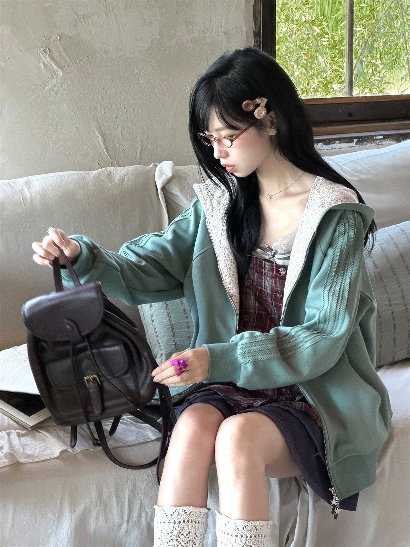 "Sage Whisper" Floral Layered Collection (Hoodie / Lace Cami / Bubble Shorts)